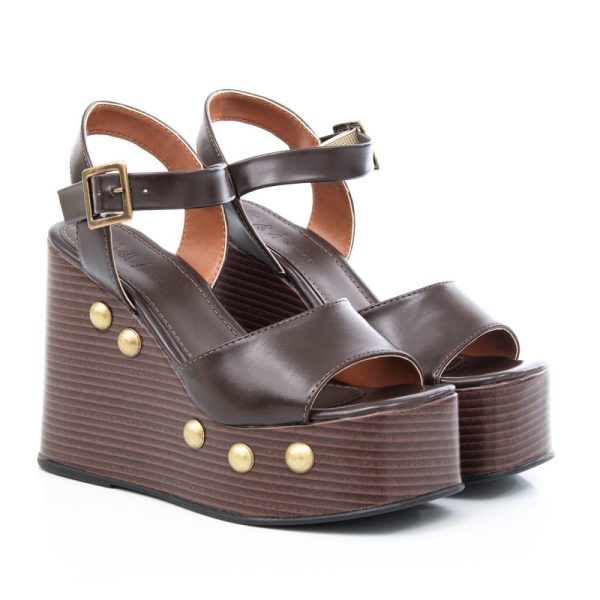 Sandália Feminina Anabela Marrom com Salto de Madeira e Taxas Lojas MM Store Shoes