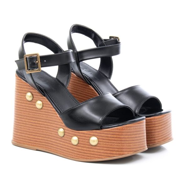 Sandália Feminina Anabela Preta com Salto de Madeira e Taxas Lojas MM Store Shoes