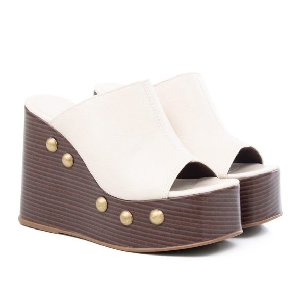 Tamanco Femino Off White com Sola anabela de Madeira Loja MM Store Shoes