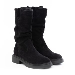 Bota Coturno Feminino de Camurça Couro Preto com Cano Sanfonado