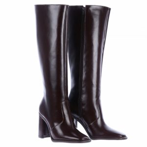 Bota Feminina Marrom Escuro de Cano Alto e Salto Bloco Médio