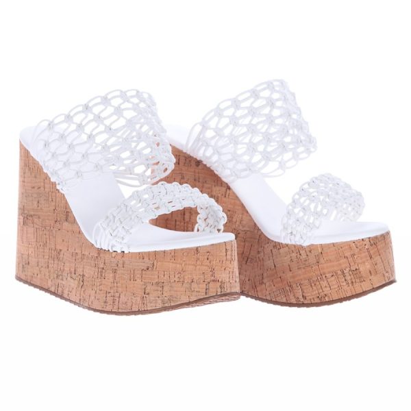 Tamanco Anabela Alta Branca com Salto em Cortila e Detalhes Trançados Loja MM Store Shoes